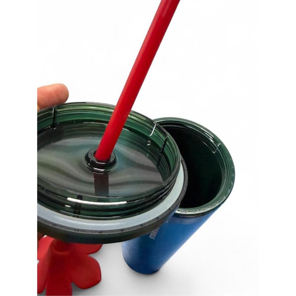 NEW Starbucks Floral Cup with Lid and Flower Straw, Green Red Clear Coffee Tea - Picture 5 of 7